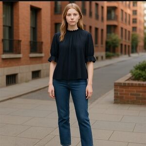 Madewell Polka Dot Mock Neck Blouse Womens XS Ruffle Oversized Boxy‎ Old Money